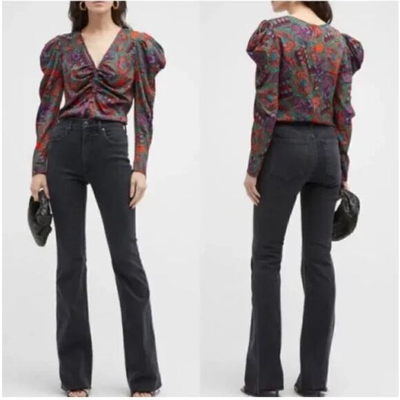 NWT Veronica Beard Simmons Silk-Blend Puff-Sleeve Ruched Blouse Women's 4 - Picture 2 of 7